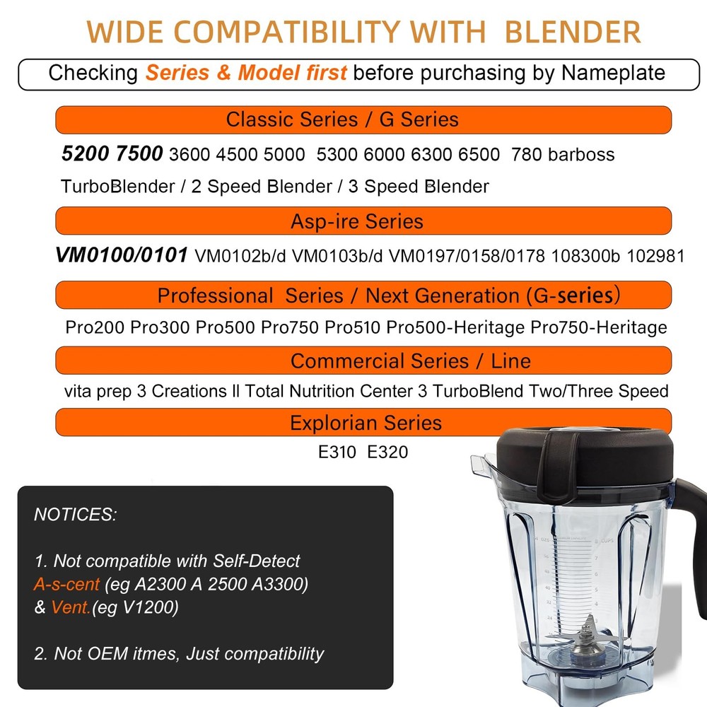 Blender Pitcher 64 oz Low-Profile Container, Compatible with 5200, 750, 5000,...
