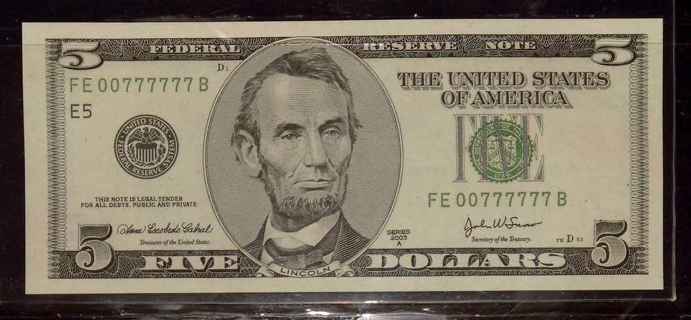 Binary 007 Special Serial Number | FE00777777B, 2003A $5 FRN UNC