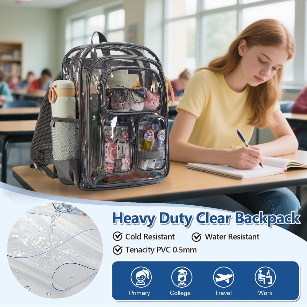 Grey Clear Backpack Heavy Duty Large Transparent Bookbag Multiple Pockets