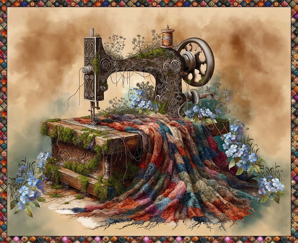 Forget Me Not Sewing Machine Panel Cotton Fabric