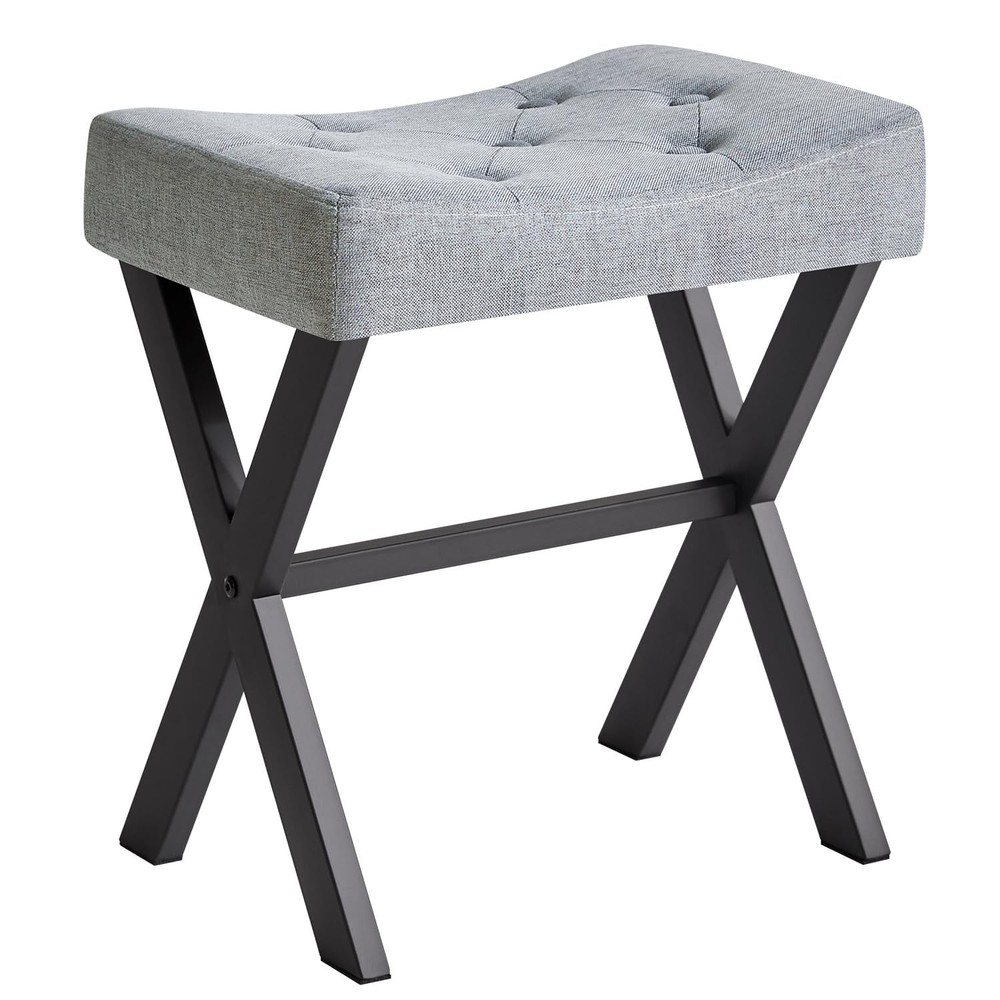 U-Shaped Linen Vanity Stool Square Ottoman Makeup Chair X-Leg Blue Gray Seat