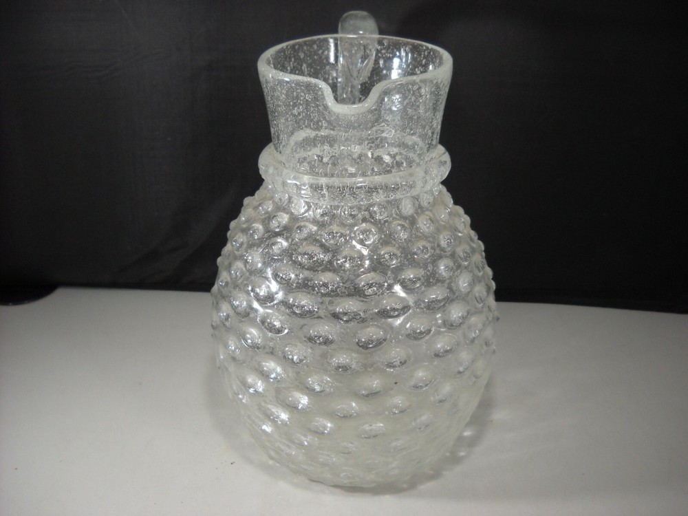 Vintage Clear Crackle Glass with Hobnail Pattern & Applied Handle Pitcher