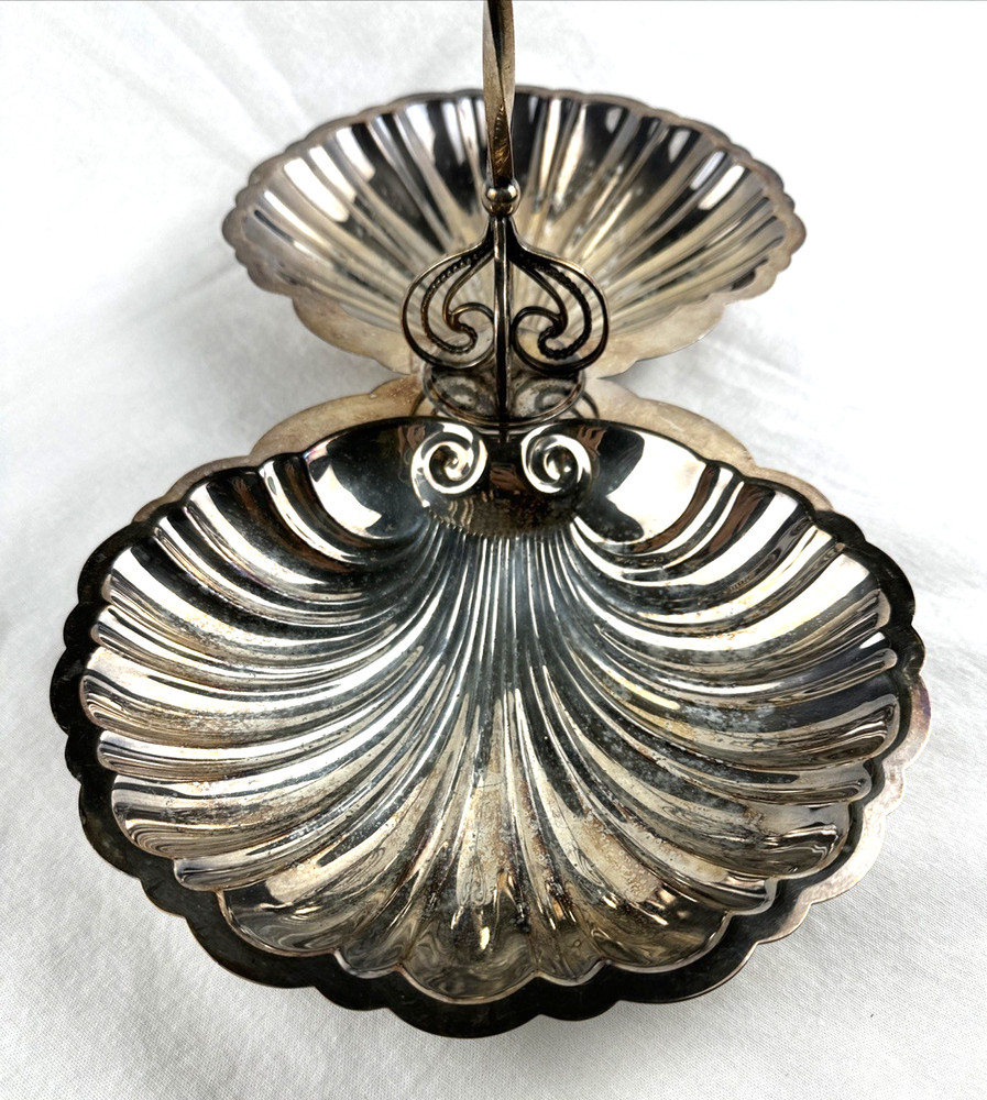 VTG Large Double Shell Serving Dish w/Handle Silverplate Giovanni, Free Ship