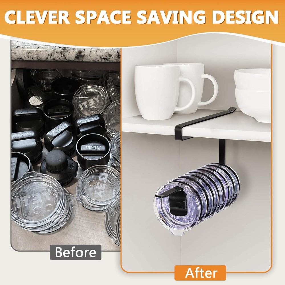 Tumbler Lid Organizer 2 Pack Storage Hook Up to 20 2 Pack, Black
