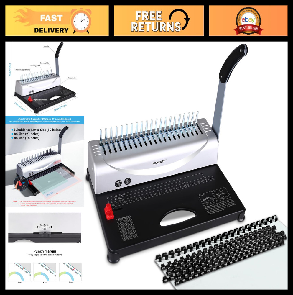 21-Hole Comb Binding Machine, 450 Sheets Capacity, Includes Binding Combs, A4/A5