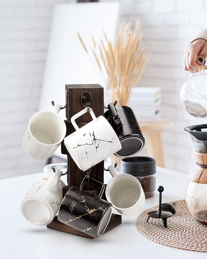 PUERSI Coffee Mug Holder for Counter, Rustic Solid Wood Mug Tree, Farmhouse W...