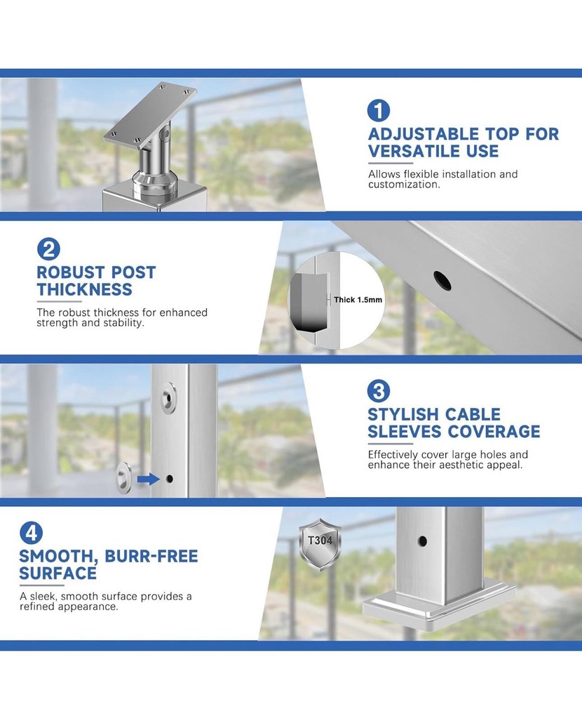 36" One-Stop Cable Railing Post Kits, 4Pack Brushed Finish Level Drilled Line...