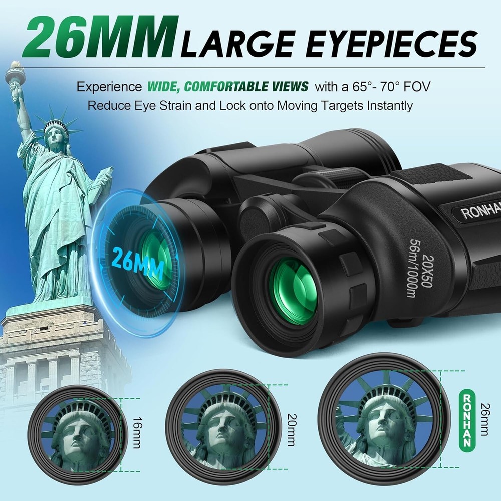 RONHAN BLACK 20x50 Binoculars Compact HD ProCarrying Strap Waterproof