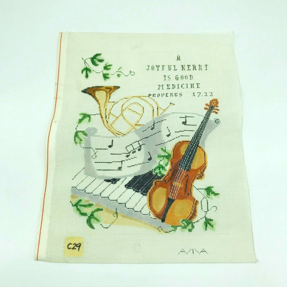 Hand Painted Needlepoint Musical Instruments Notes Music Proverbs 17 22 Pillow