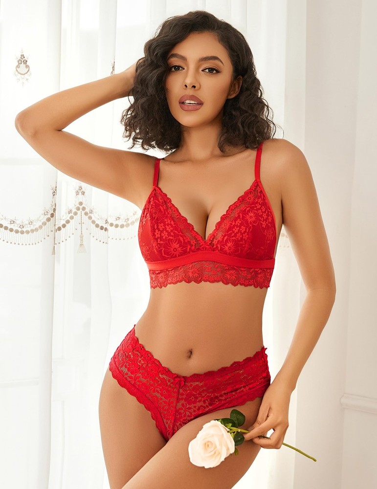 Avidlove Deep V Lace Minimizer Bralette Soft Wireless Adjustable Red L