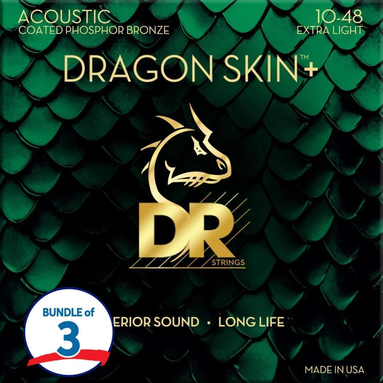 DR Strings Dragon Skin+ Phosphor Bronze Coated Acoustic Guitar Strings (3 Pack)