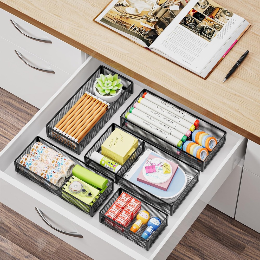 5 Pack Desk Drawer Organizer Set, Mesh Drawer Storage Trays with 1 Adjustable...