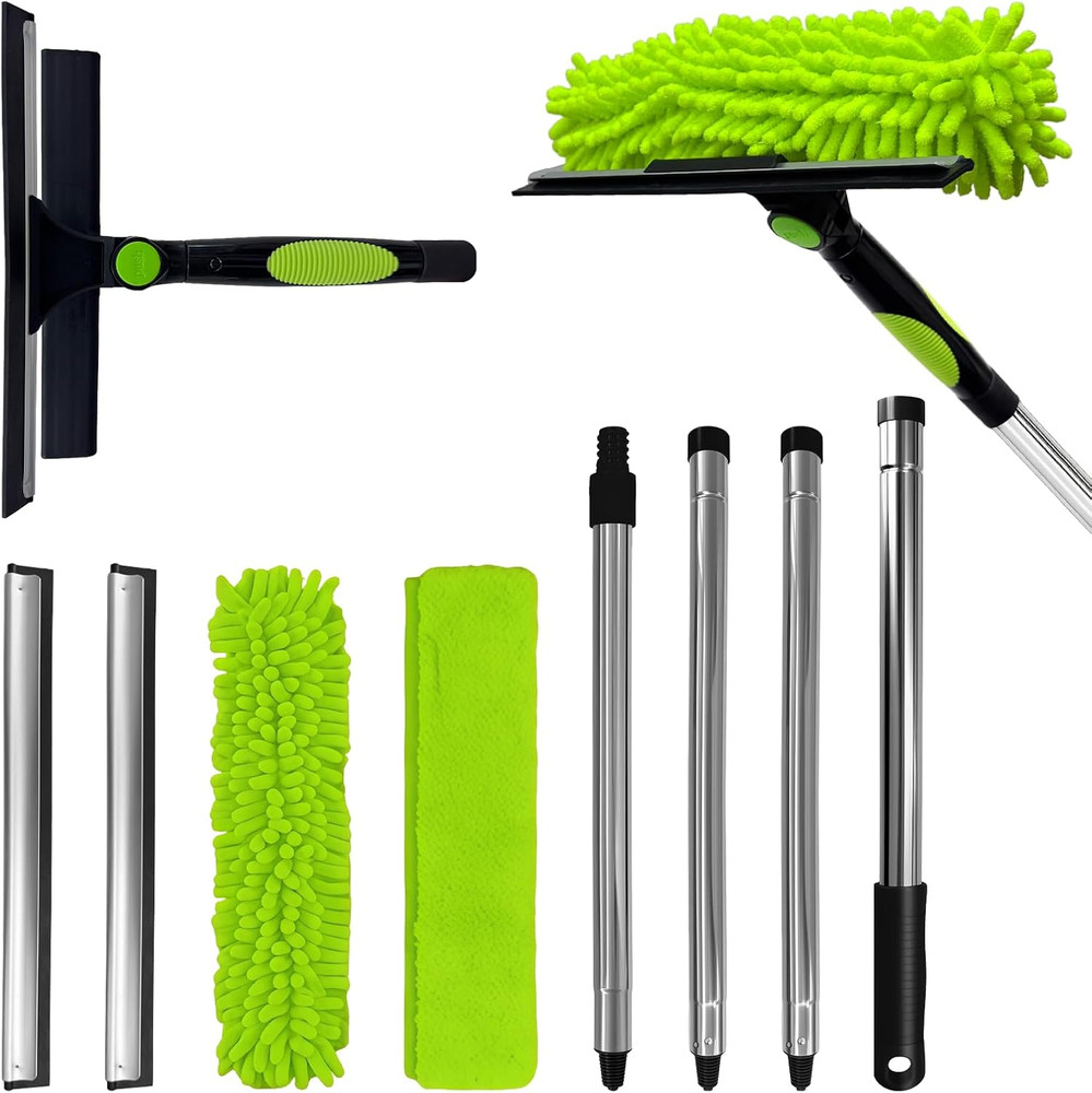 67'' Window Squeegee Cleaner Tool with Extension Pole, 2-In-1 Squeegee for Windo