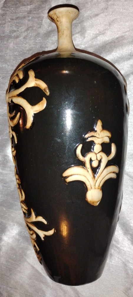 Decorative Glazed Narrow Neck Vase With Raised Scrollwork