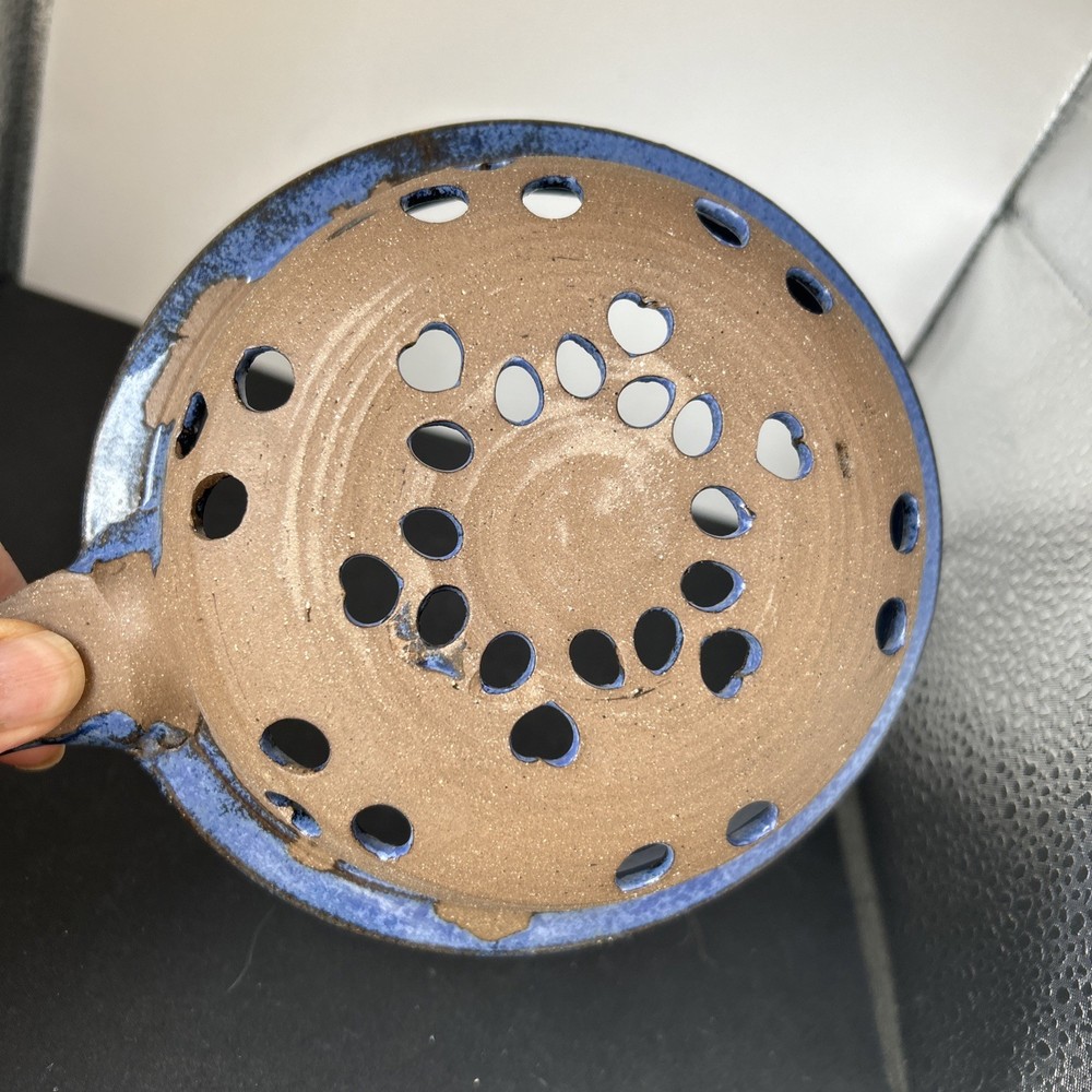 Studio Pottery Small Colander Strainer Blue Glaze Handle 10.5” X 6”