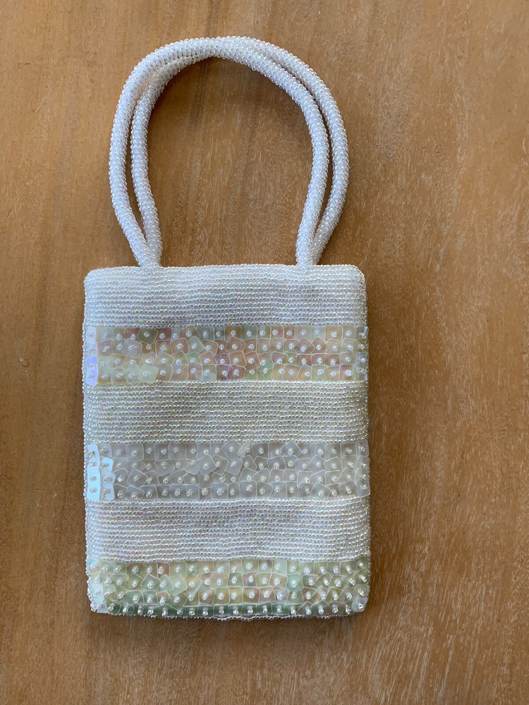 Unbranded Cream Sequin Beaded Handbag With Satin Lining