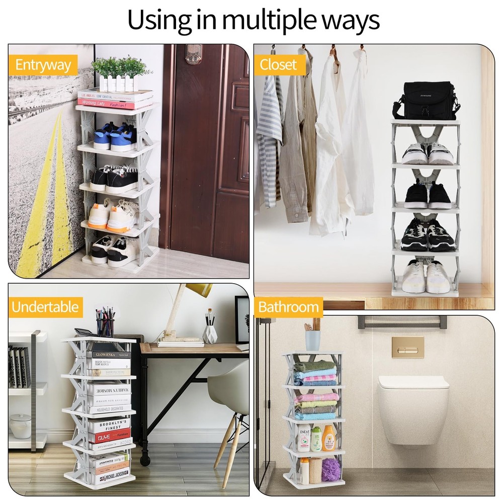 5-Tier Plastic Narrow Vertical Shoe Rack, Gray Foldable Shoe Rack