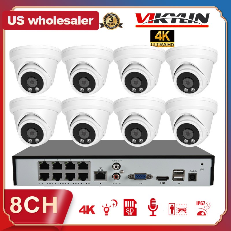 Vikylin 4K 8CH 8POE NVR CCTV System 8MP Security IP Camera MIC IR30M Outdoor Lot
