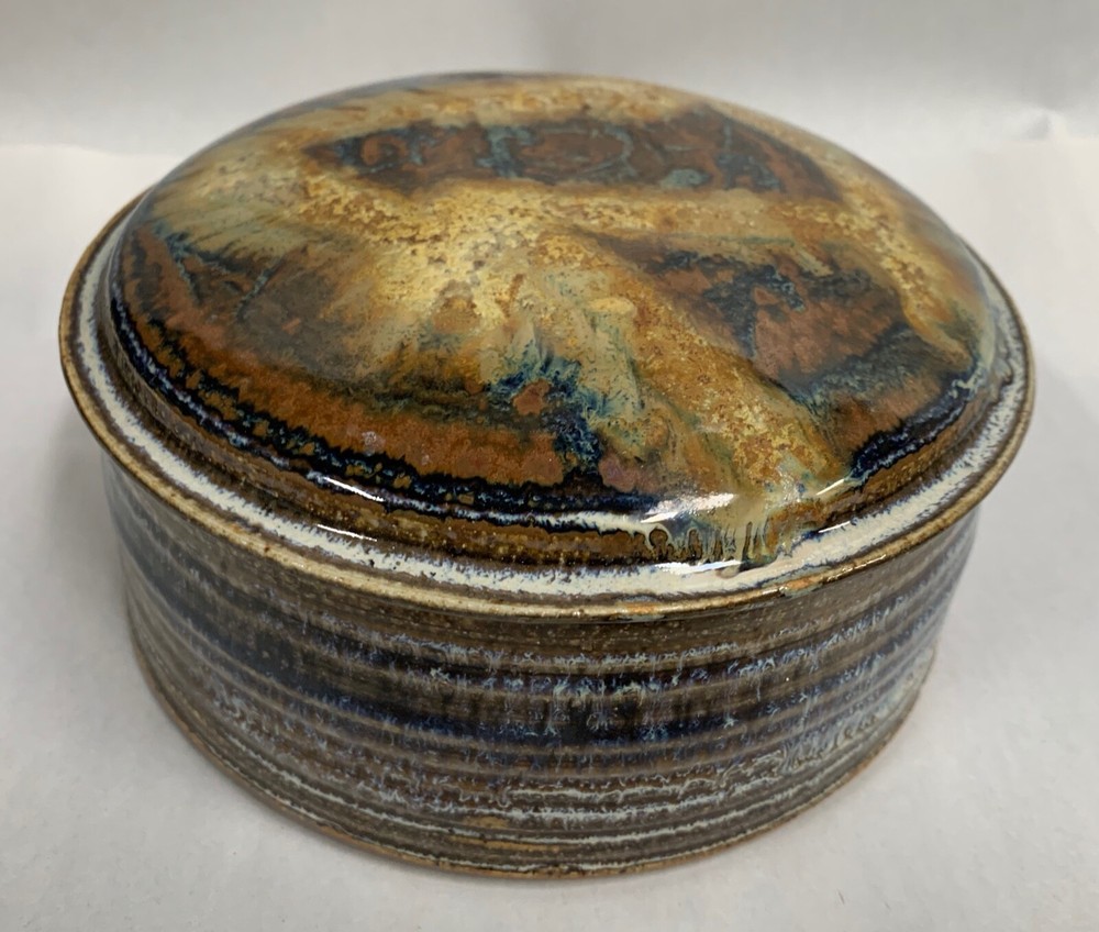 Vtg Signed Mod Eames Era Multi Color Glazed Stoneware Pottery Covered Dish (A15)