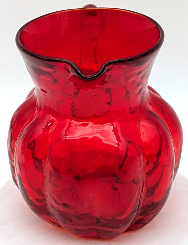 Hand Blown Ruby Red Art Glass Creamer Applied Clear Handle Melon Shape