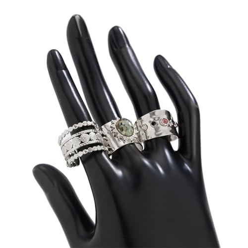 3Pcs Chunky Statement Ring Set for Women,Stackable Wide Band Rings Silver