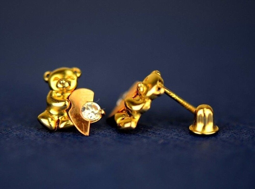 14k Yellow Gold CZ Heart Bear Stud Earring
