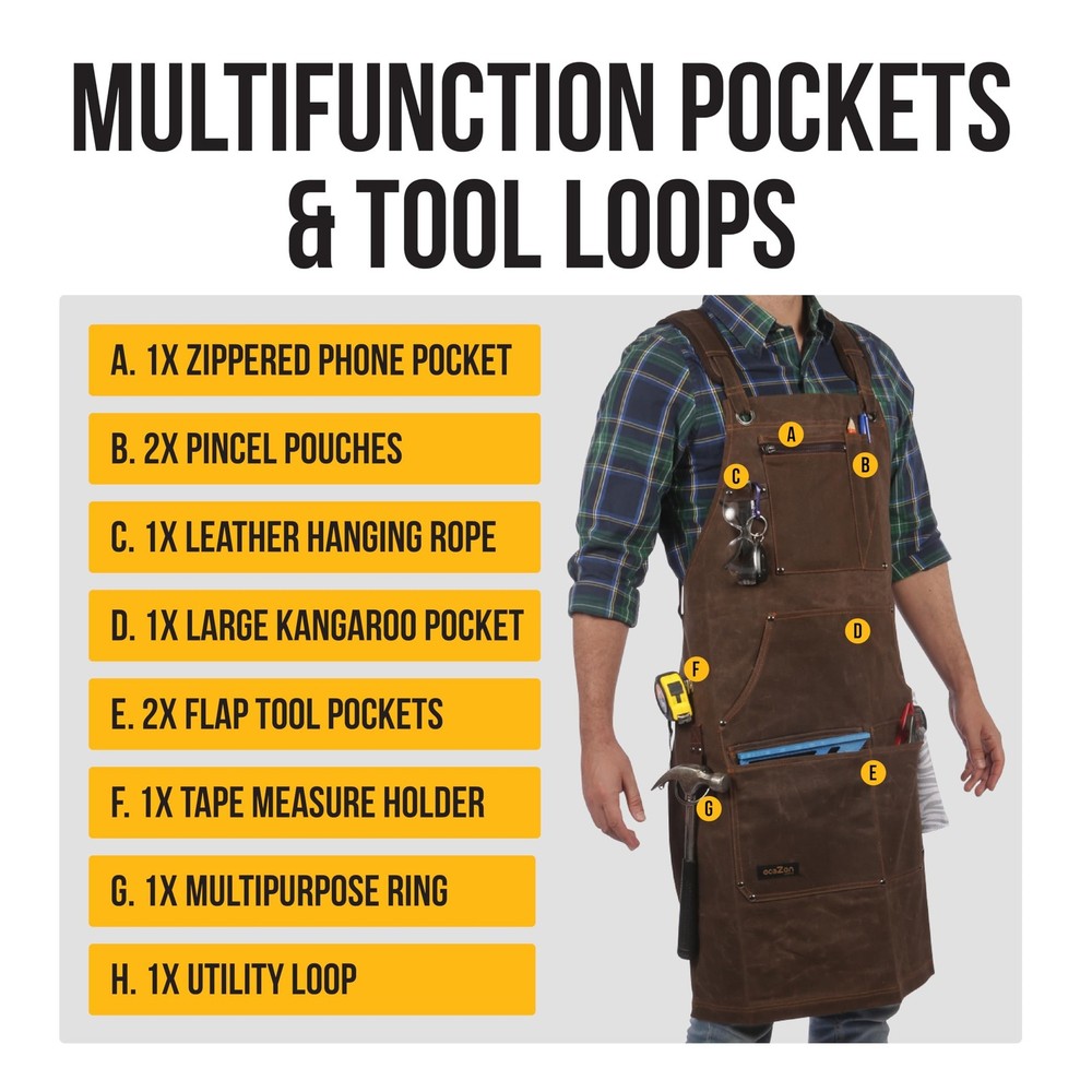 ecoZen 16oz Waxed Canvas Work Apron with Pockets - Waterproof, Fully Adjustab...