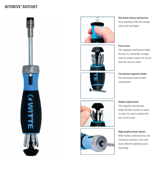 WITTE PRO BITDRIVE RATCHET Multi bit Ratcheting Screwdriver - 6 Bits