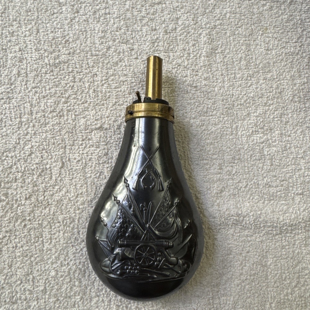 Muzzleloading Brass Black  Powder Flask Artillery And Flags Embossed Vintage