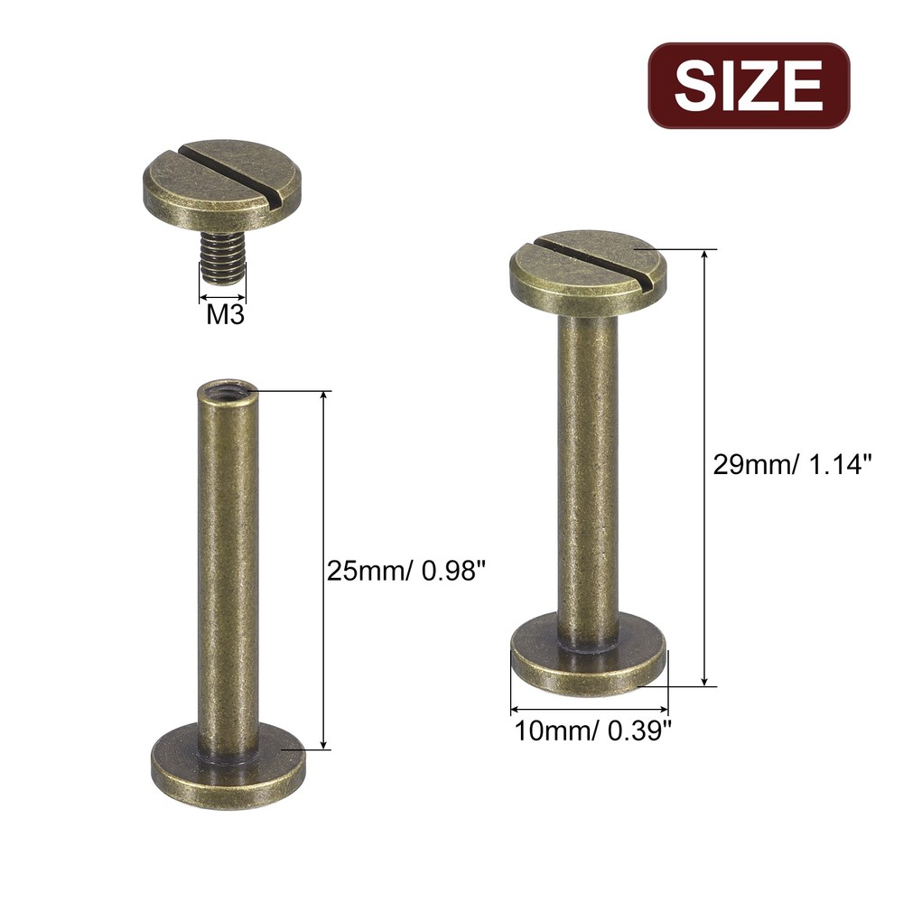 25Pack Brass Chicago Screws, 25x10mm Post Nail Stud Rivets, Bronze