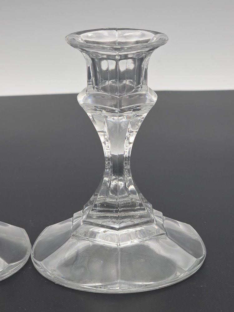 Vintage MCM Pair Solid Clear Glass Taper Candlestick Holders 4" Tall