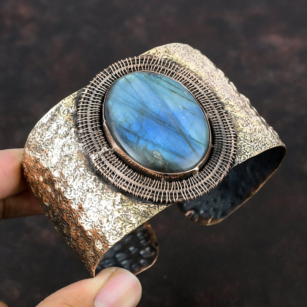 Gift For Her Copper Labradorite Gemstone Jewelry Wire Wrapped Adjustable Bangle