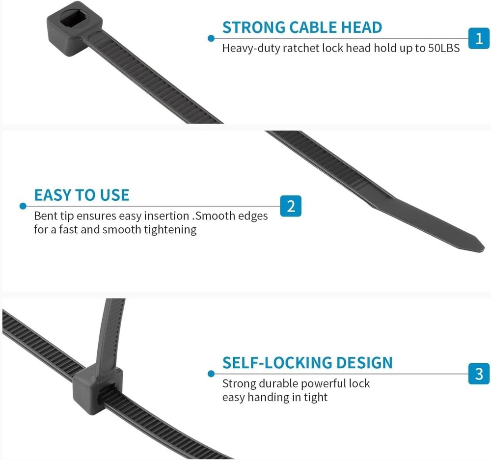 Heavy Duty 8" Black Zip Ties - 60 LBS Strength