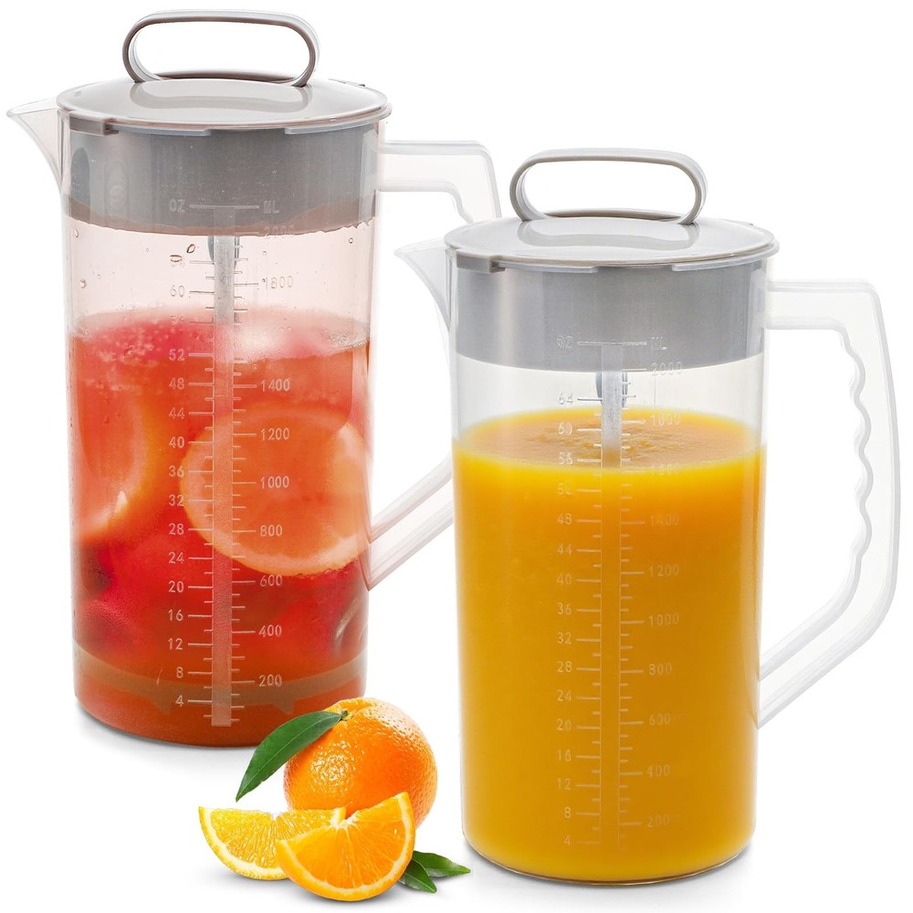 2 Pack Mixing Pitcher for Drinks 2 Quart/ 64oz Plastic Water Pitcher with Lid...