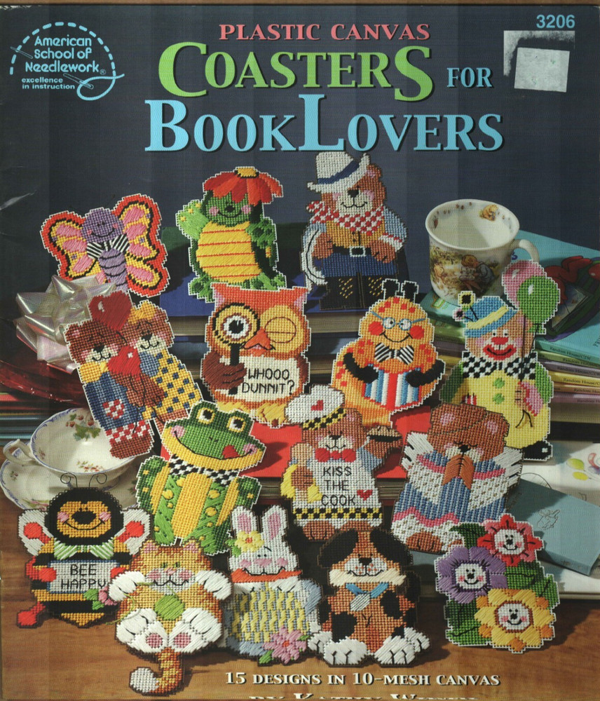 USED COASTERS FOR BOOK LOVERS 15 ANIMAL DESIGNS PLASTIC CANVAS PATTERN BOOK HTF