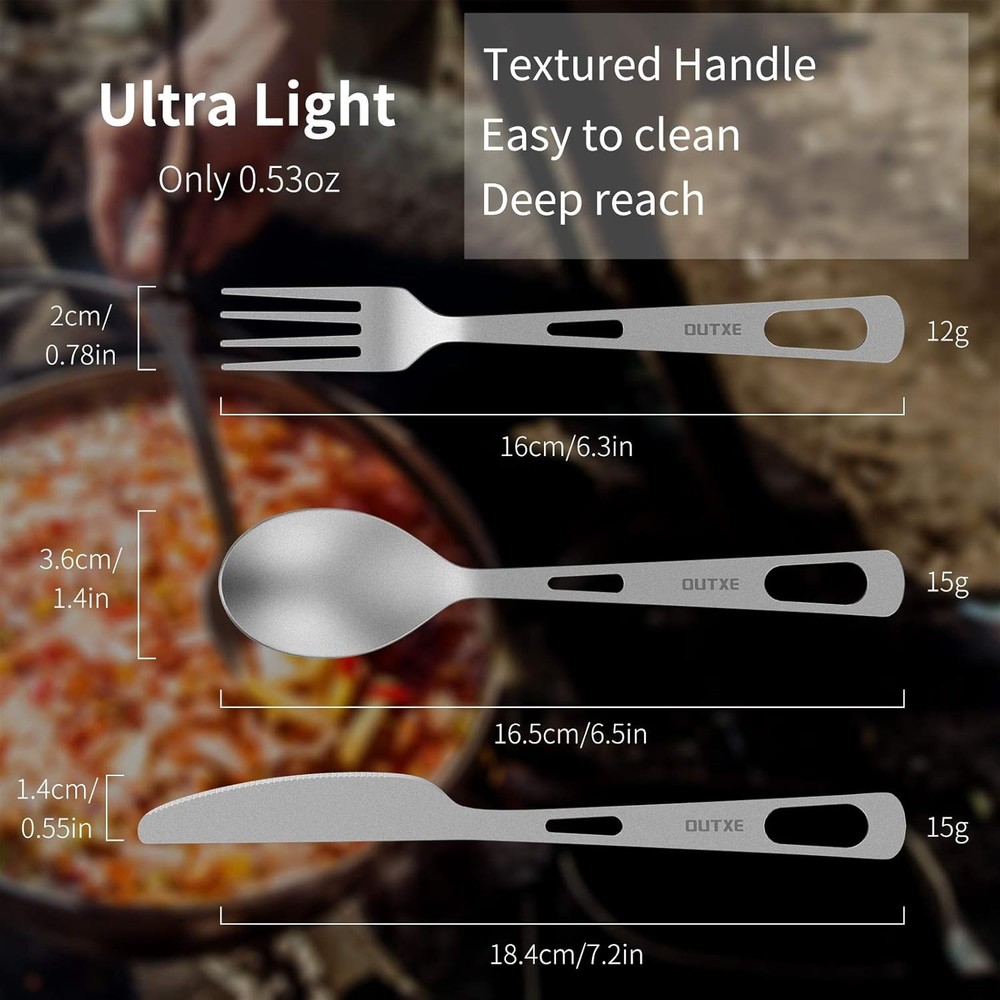 OUTXE Titanium Flatware Knife Fork Spoon Set Lightweight Ti Camping Utility Cutl