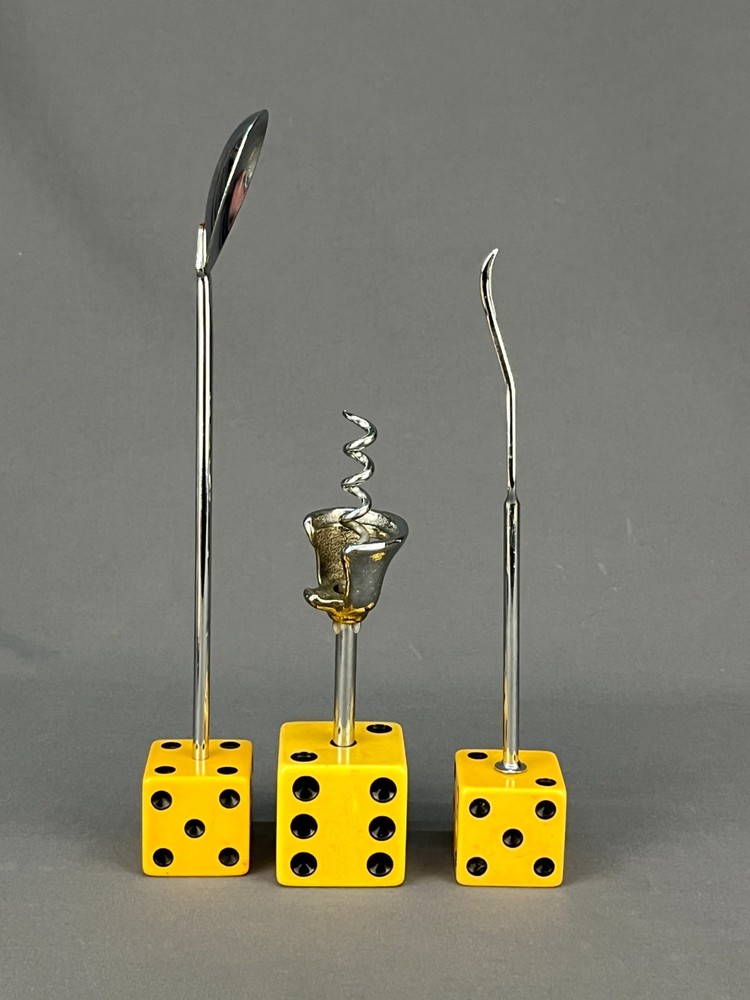 3 pc Mid-Century Bakelite Dice Bar Utensils Corkscrew Spoon & Olive Fork