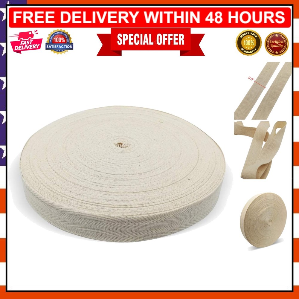 Durable Natural Cotton Double-Fold Herringbone Tape - 55 Yards for DIY Projects