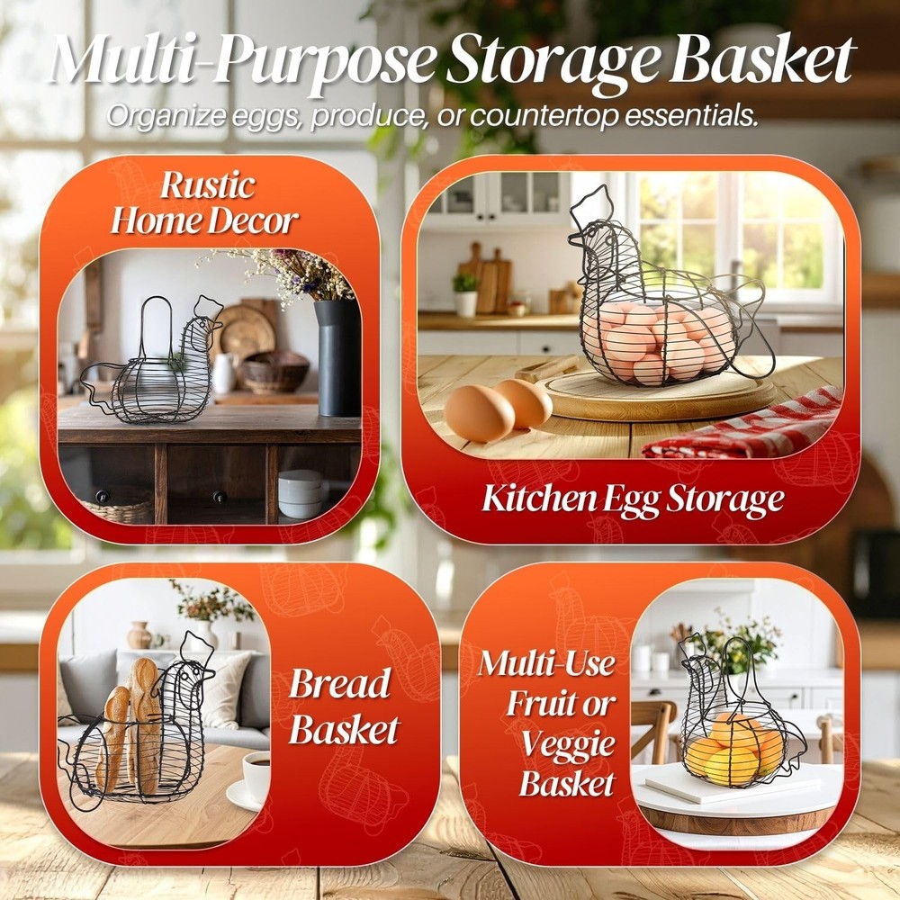 Chicken Egg Holder Black Rectangular Wire Basket with Handle for Eggs Fruits