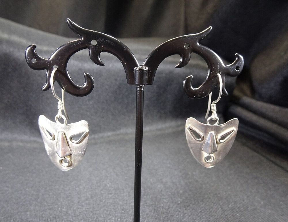 Vintage Solid 925 Sterling Silver Mask Hook Earrings