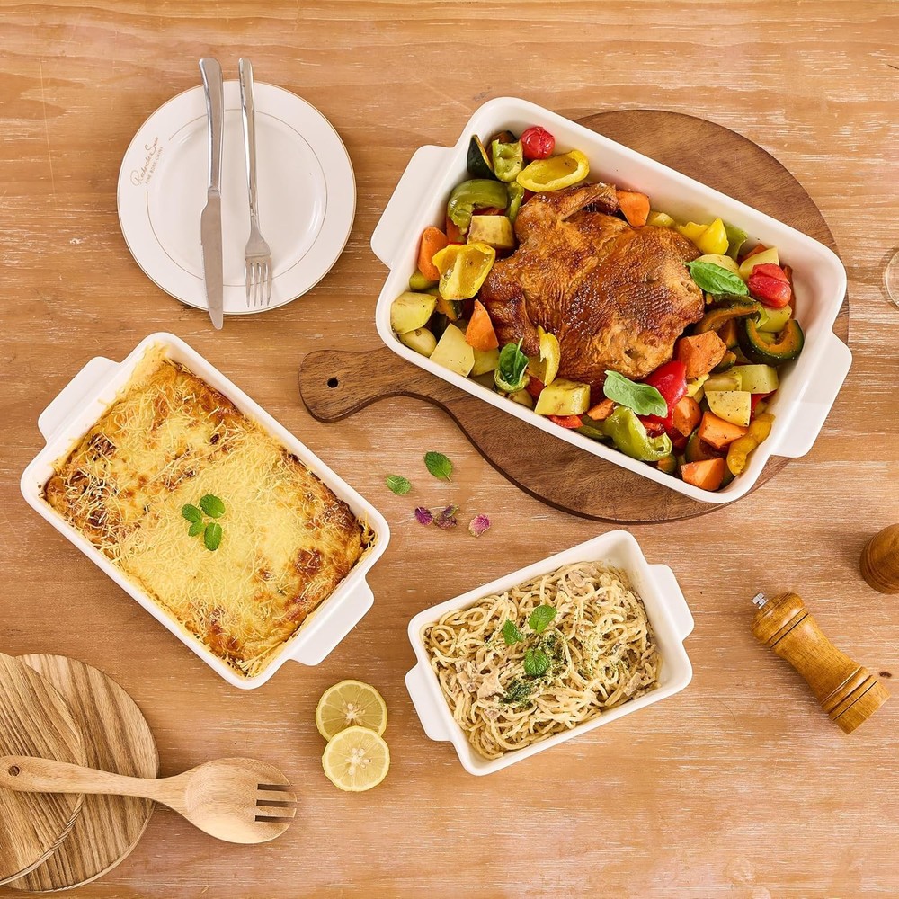 Ceramic Bakeware Set, Rectangular Porcelain Baking Dishes for Kitchen, White