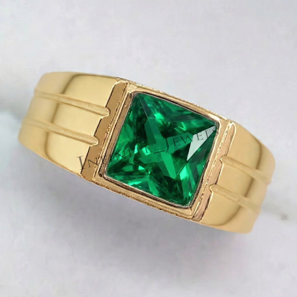 Men’s Emerald Ring Gold Plated 925 Sterling Silver Green Gemstone Statement Ring