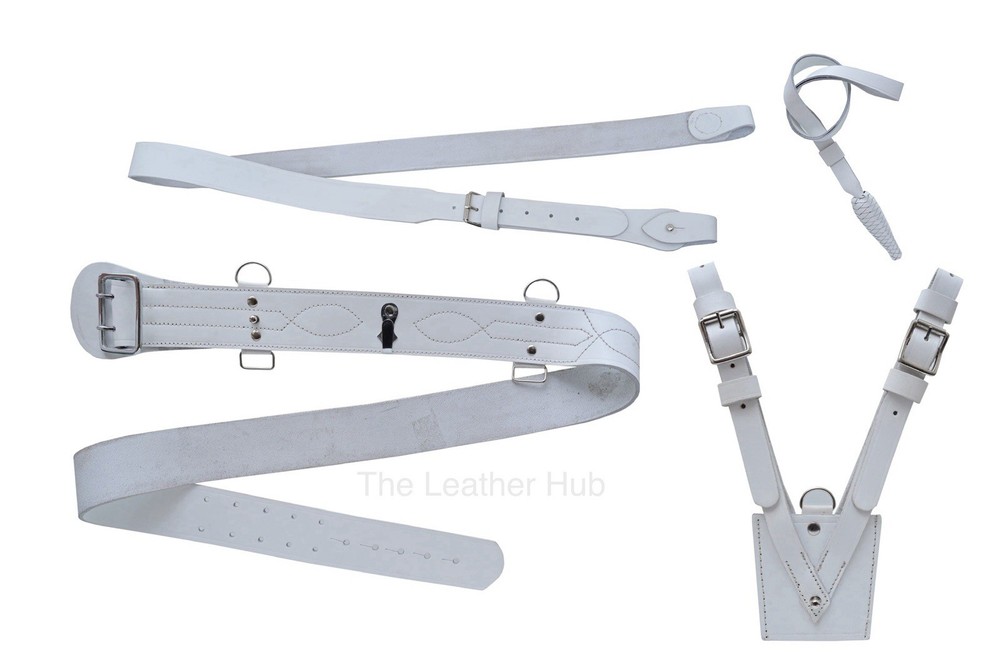 Sam Browne Belt White Leather, Adjustable Shoulder Strap, Sword Frog, Sword Knot