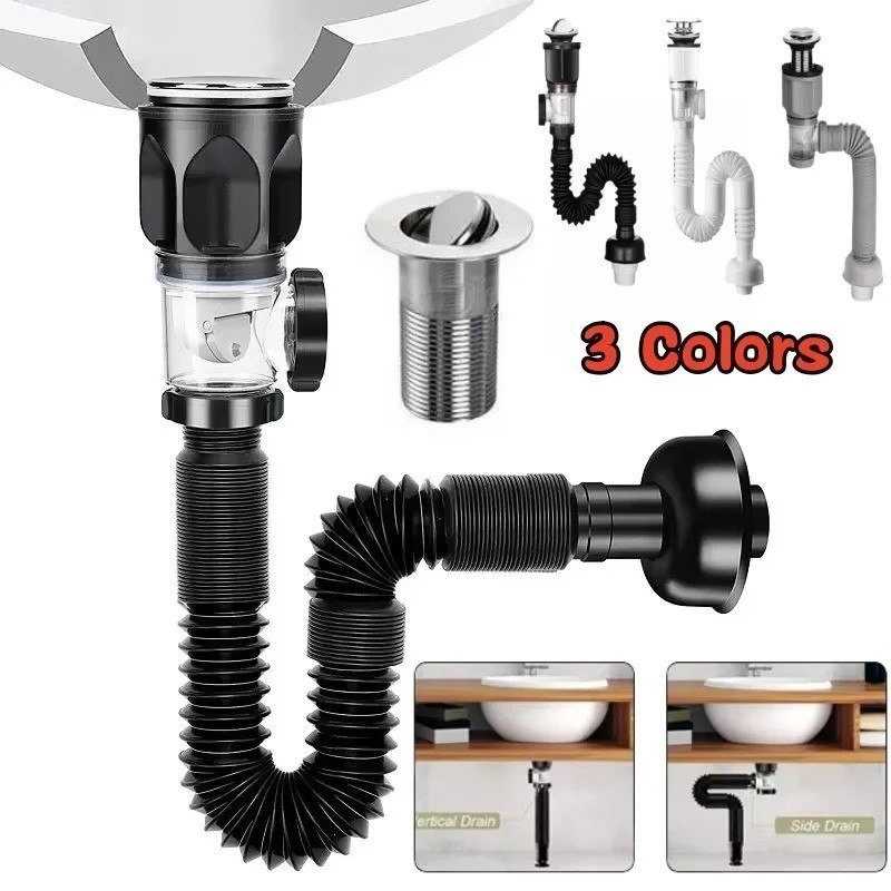 Black Universal Sink Drain Pipe Set Retractable Deodorant Sewer Drainage Water