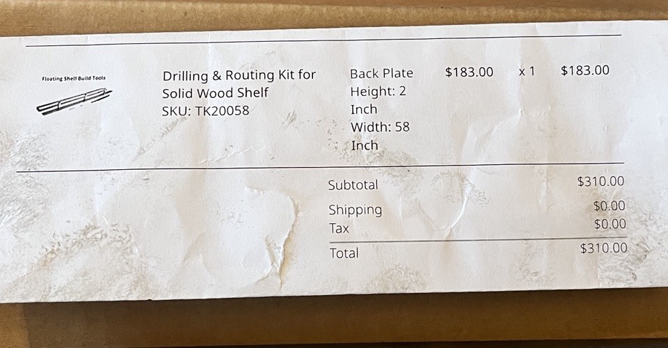 Sheppard Bracket Floating Shelf Drilling & Routing Kit, 58x2 in, used