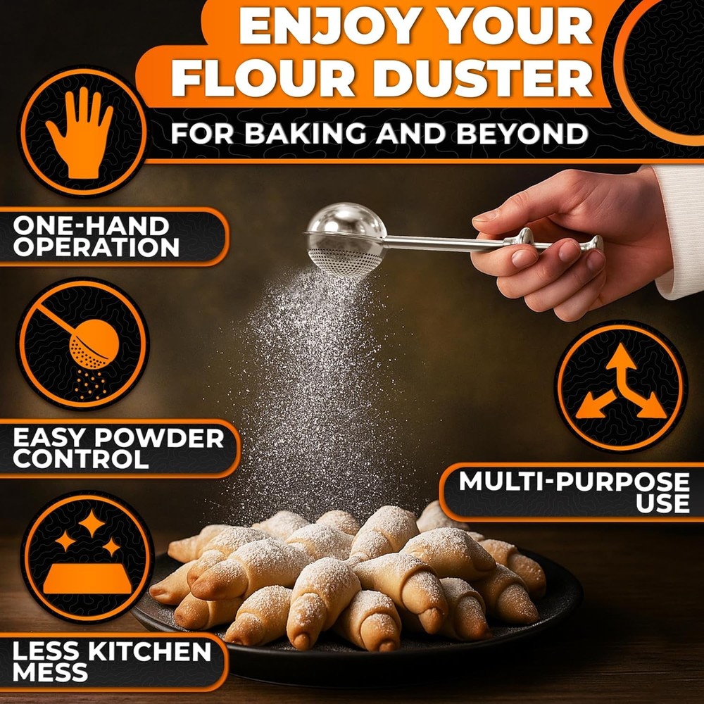 Stainless Steel Flour Duster Tool – 18/8 Baking Shaker for Bread Dusting
