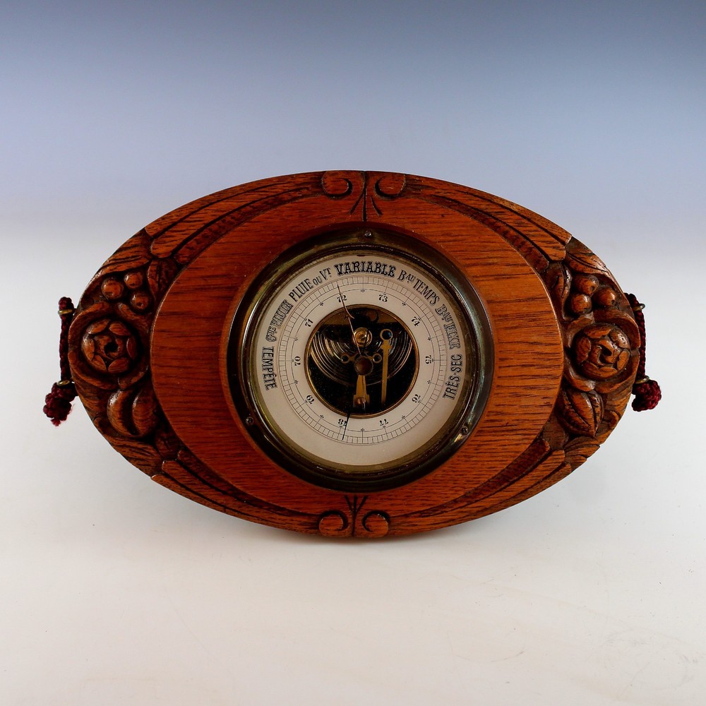 Antique French Solid Oak Aneroid Wall  Barometer with Ceramic Dial