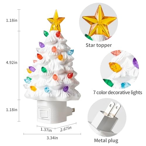 2 Pack Ceramic Christmas Tree Night Light,Vintage Decorative Xmas Tree White
