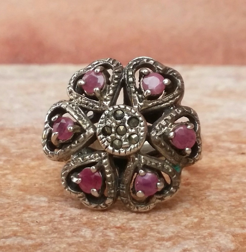 925 SILVER RING women's SOLITAIRE SEAL ruby pink flower
