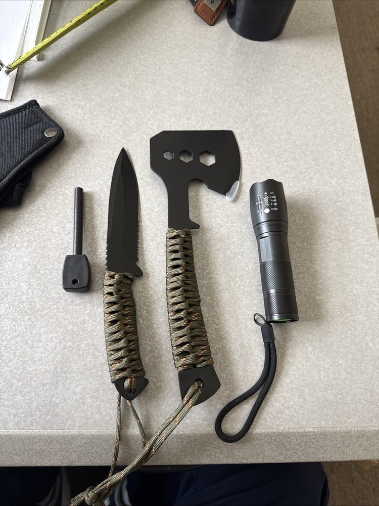 4PC Outdoor Survival Tool Set with Hatchet, Knife, Fire Starter & Flashlight